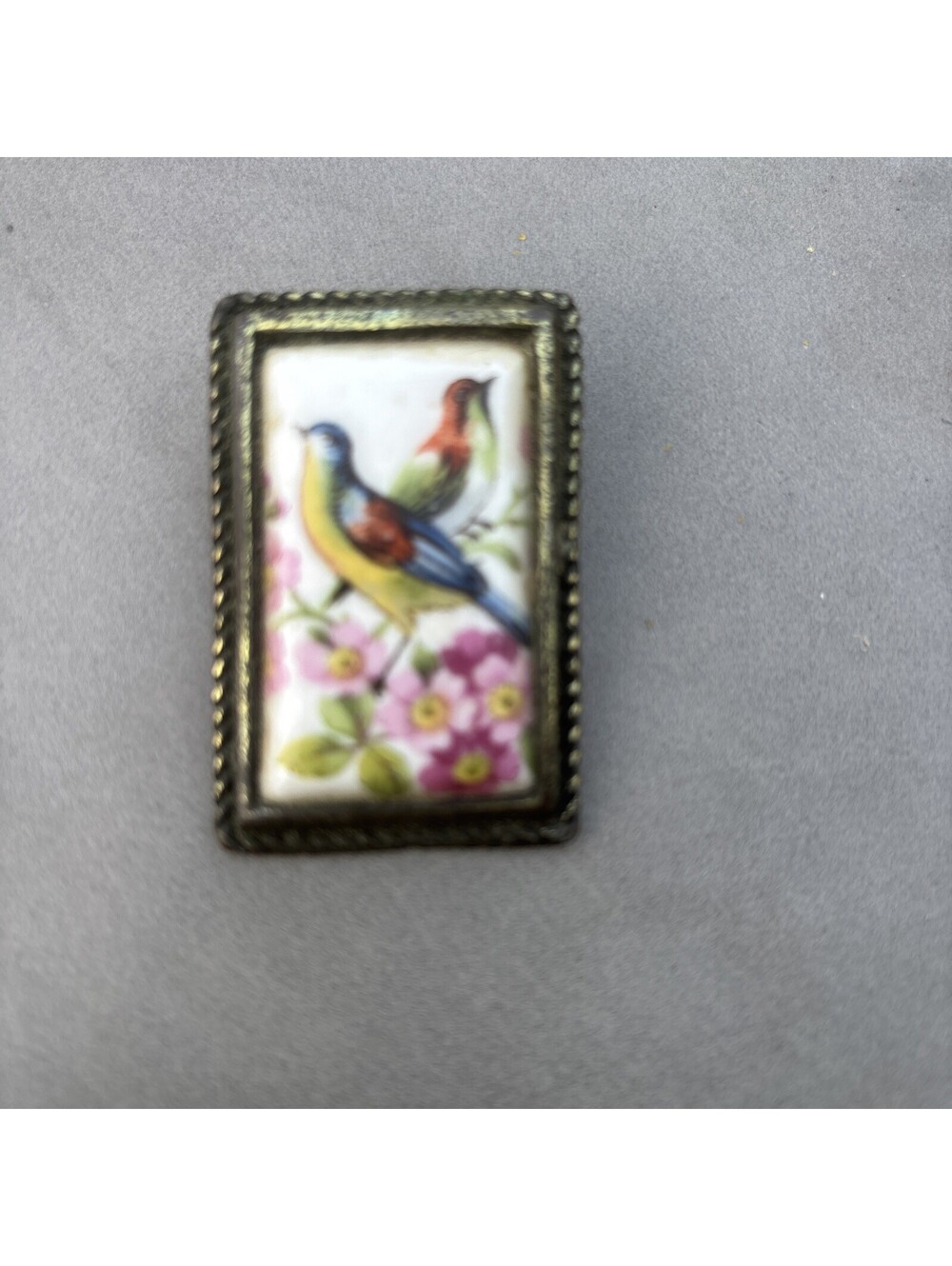 Limoges FRANCE Brooch Gold Tone Porcelain Birds Hand Painted
